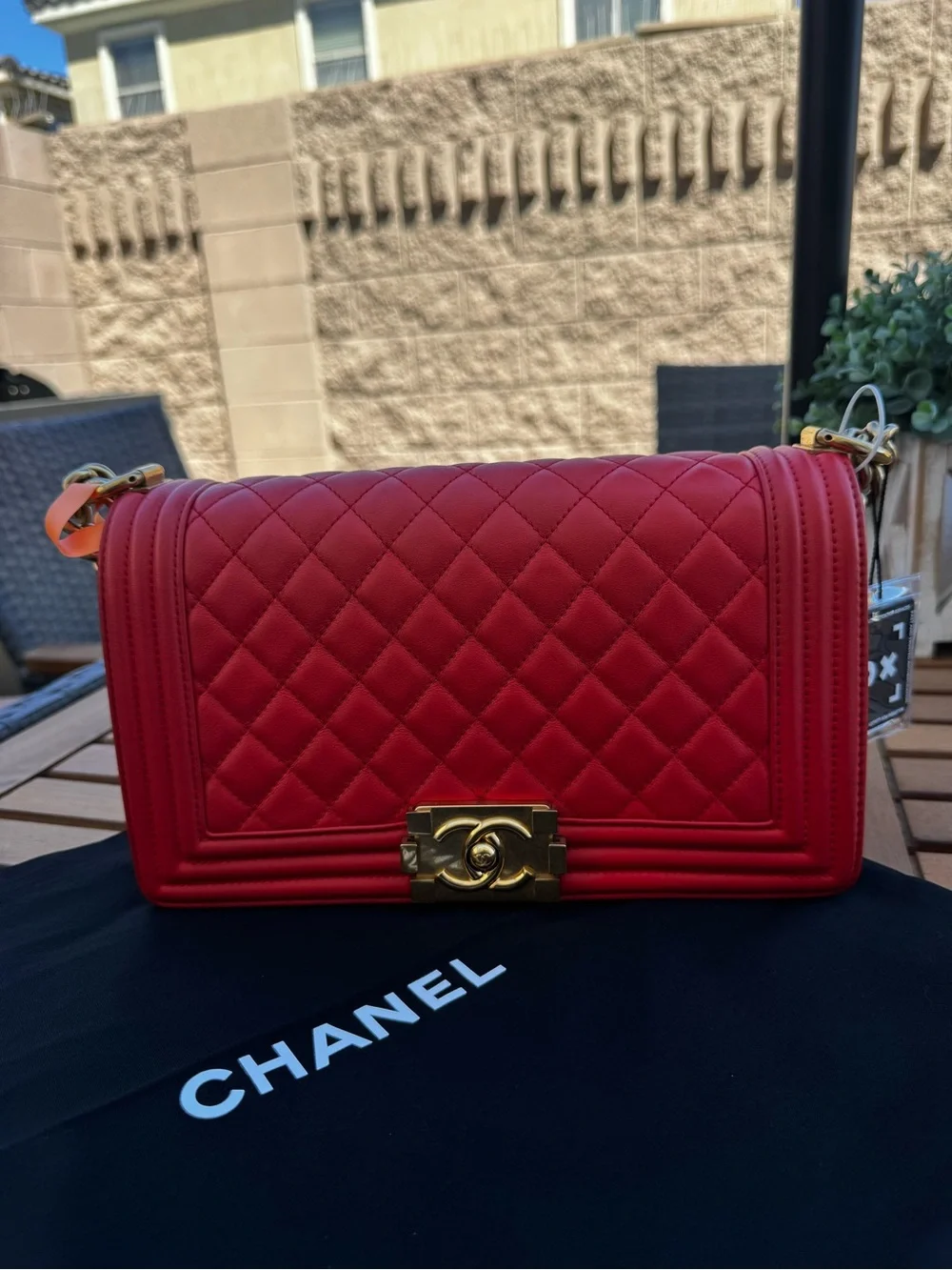CHANEL Red Quilted Boy Shoulder Bag with Gold Hardware